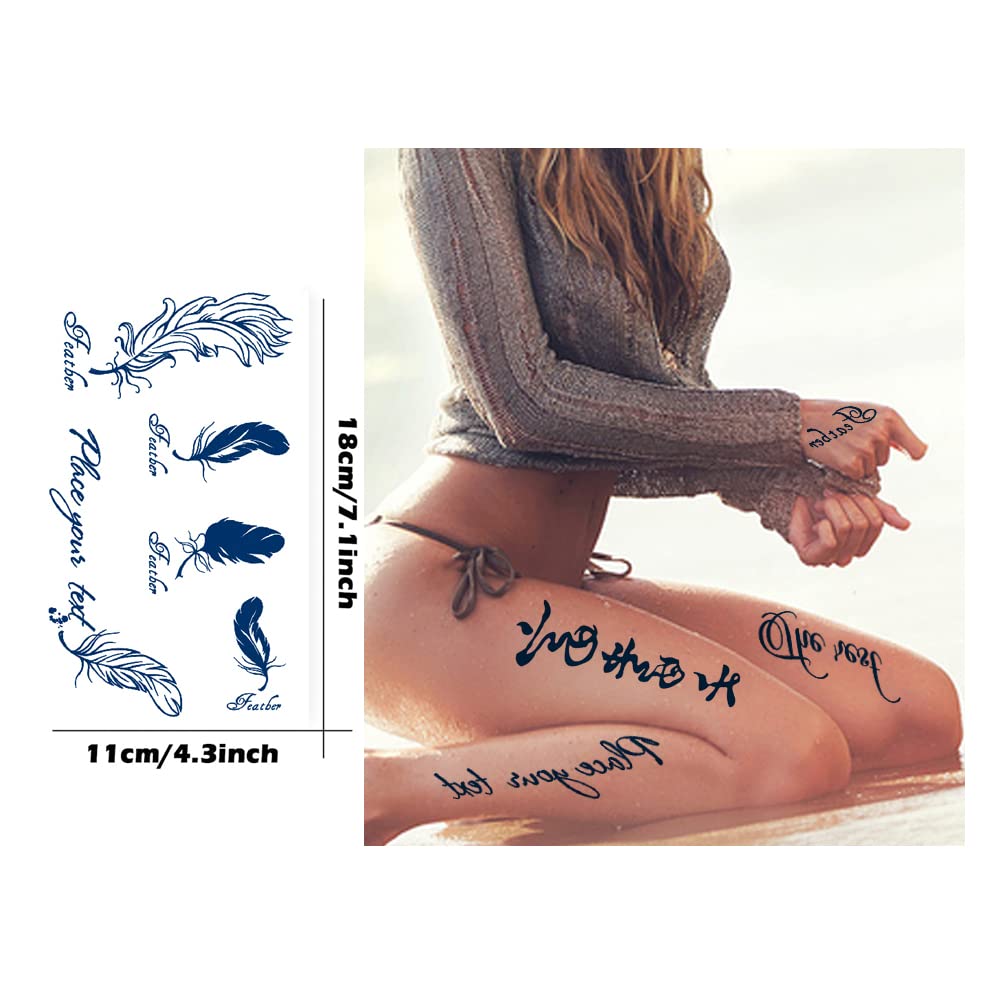 Tatuaje semipermanente de plumas de mariposa, 6 hojas de larga duración de 1 a 2 semanas, tatuajes temporales de letras chinas inglesas, 100% tinta