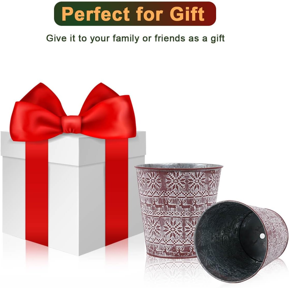 Cubos de metal galvanizado rojo de Navidad, 6 macetas rústicas de hojalata con orificio de drenaje y enchufe, regalo de Navidad, maceta vintage para