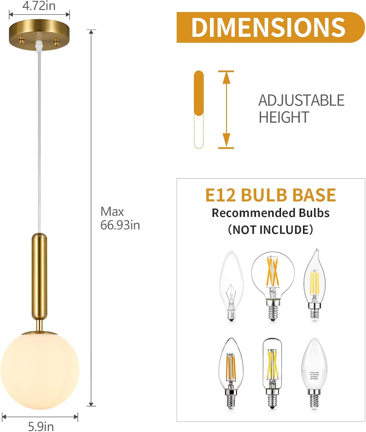 FDPBY Lámpara colgante moderna para isla de cocina, luces colgantes doradas de mediados de siglo con globo blanco lechoso para dormitorio, baño,