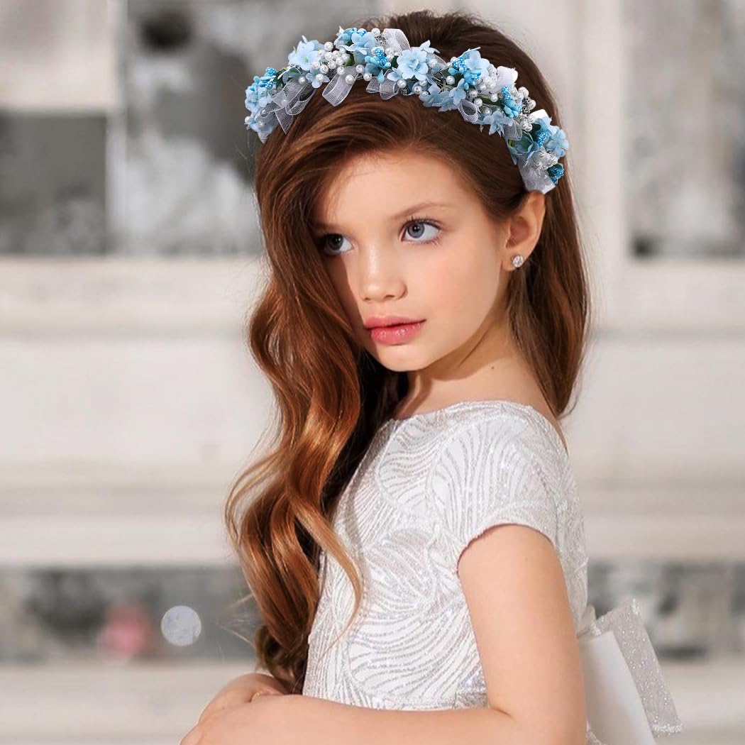 Campsis Diadema de flores para niñas, accesorios para el cabello de comunión de perlas para niñas, de cristal, fotografía de cumpleaños, banda para