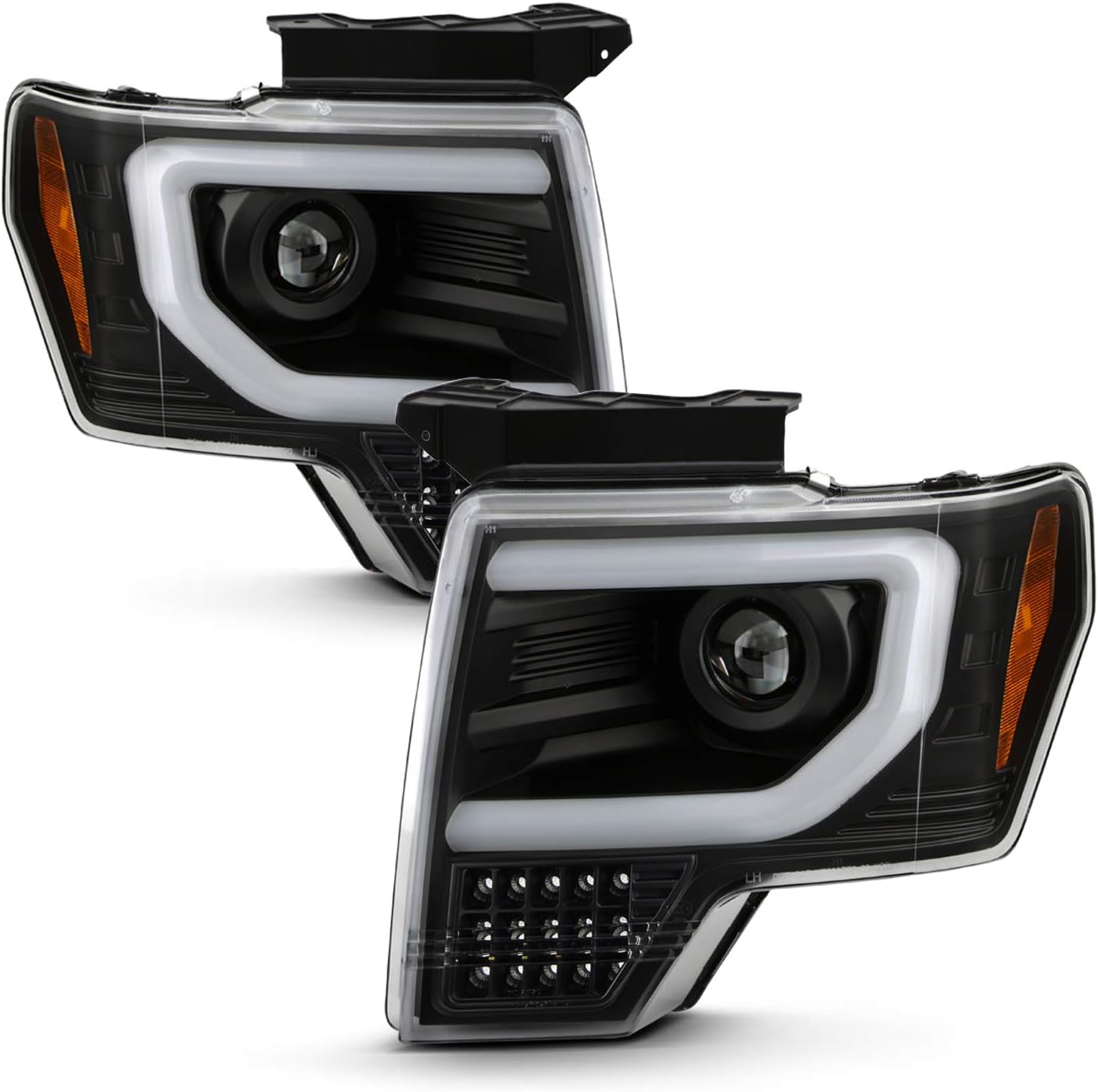 AKKON – Compatible con Ford F150 2009-2014 tipo halógeno Par de faros delanteros negros con luz LED completa de haz alto y bajo + lámpara de