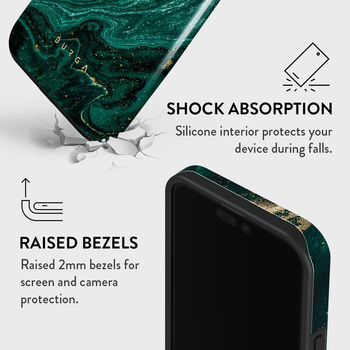 BURGA Funda para teléfono compatible con iPhone 15 PRO  Carcasa rígida híbrida de 2 capas + funda protectora de silicona  Piedra de jade verde