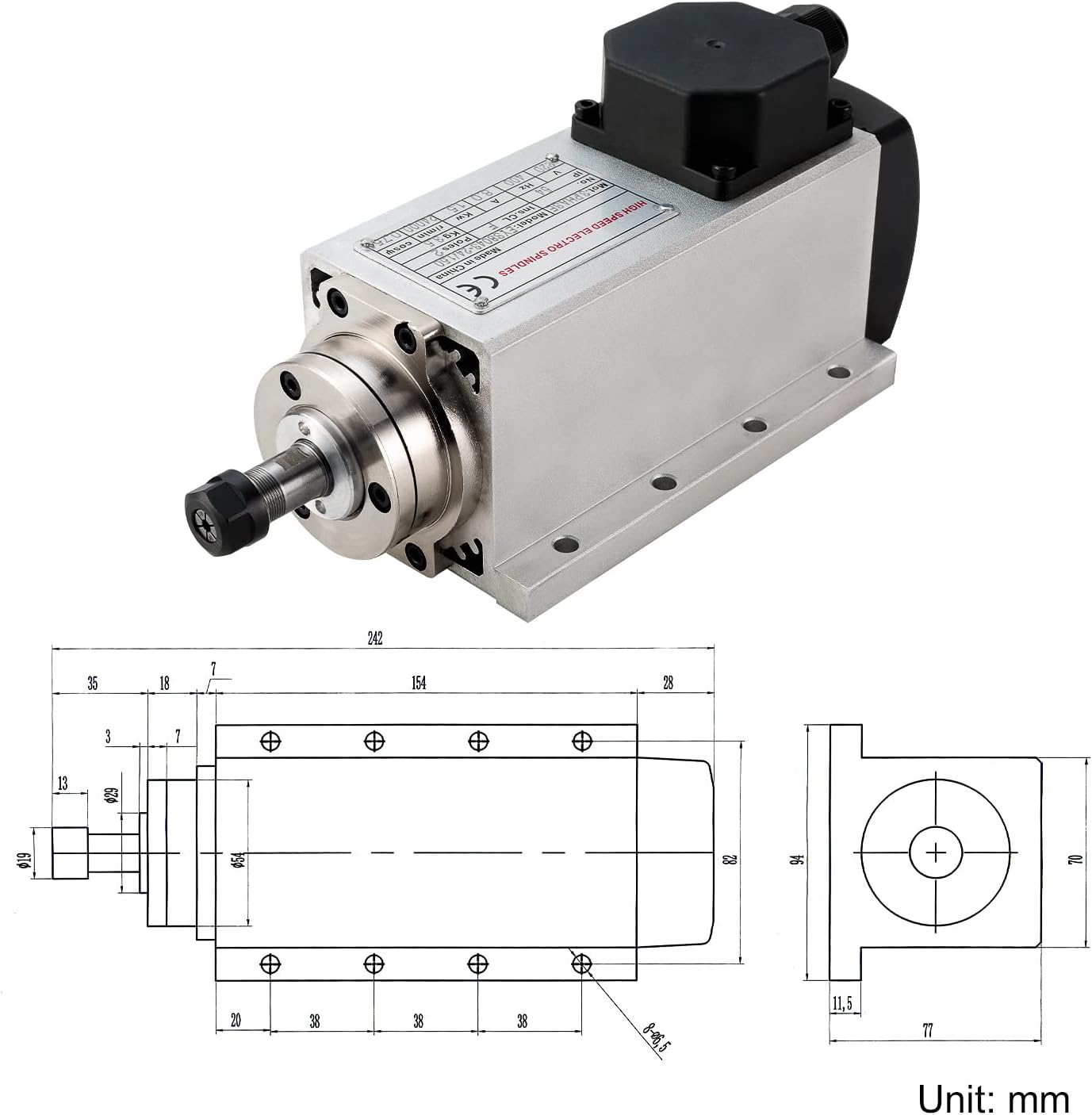 Motor CNC de husillo CNC 220V 1.5KW 1500W cuadrado refrigerado por aire Motor de husillo 4 rodamientos ER16 24000RPM 400HZ para máquina de enrutador