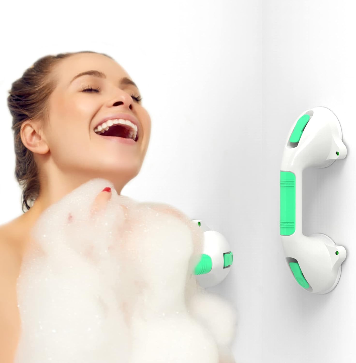 Barra de seguridad para baño de succión de 12 pulgadas con indicadores, mango de ducha de baño de asistencia de equilibrio (blancoverde, paquete de