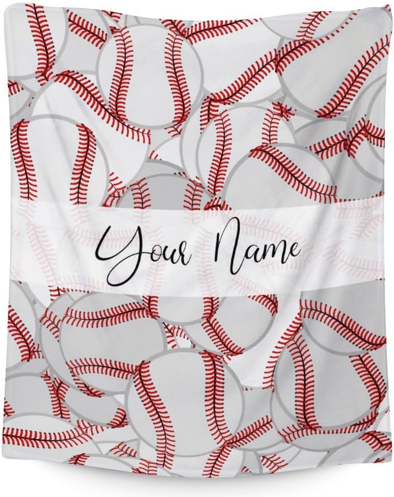 Manta de béisbol personalizada con nombre, manta deportiva de 50 x 60 pulgadas para adultos y niños, manta blanca de felpa suave para cama, sofá,