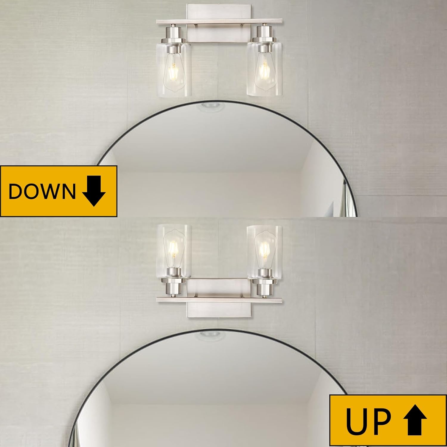 2 lámparas de baño, lámpara de tocador de níquel cepillado sobre espejo, moderna casa de campo, apliques de pared para baño, dormitorio, sala de