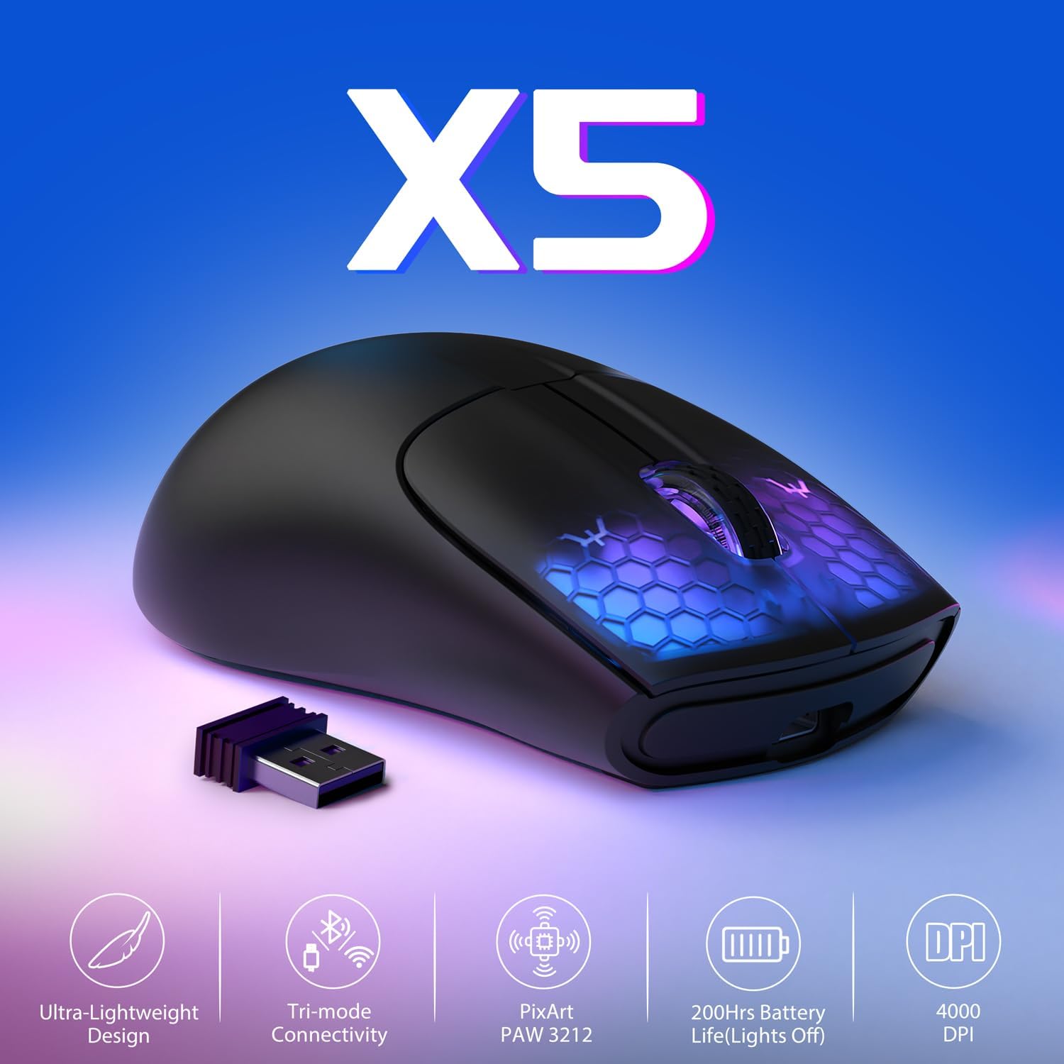 FELICON X5 Ratón inalámbrico para juegos ultraligero 1.73 oz con cable Tri-Mode Tipo CBluetooth2.4Ghz Honeycomb RGB Retroiluminación ergonómico