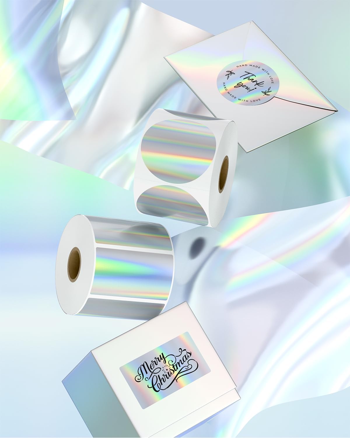 MUNBYN Etiquetas adhesivas térmicas holográficas circulares de 2 pulgadas, etiquetas adhesivas redondas imprimibles para impresora térmica con