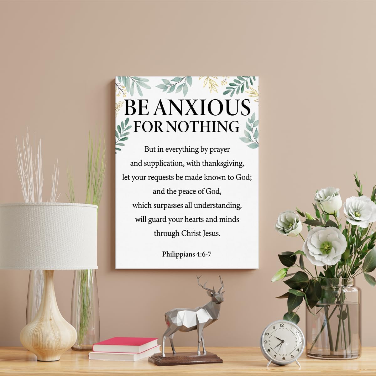 Póster de pared con versículo bíblico positivo con texto en inglés “Be Anxious for Nothing”, pintura enmarcada de Filipenses 46-7 para decoración