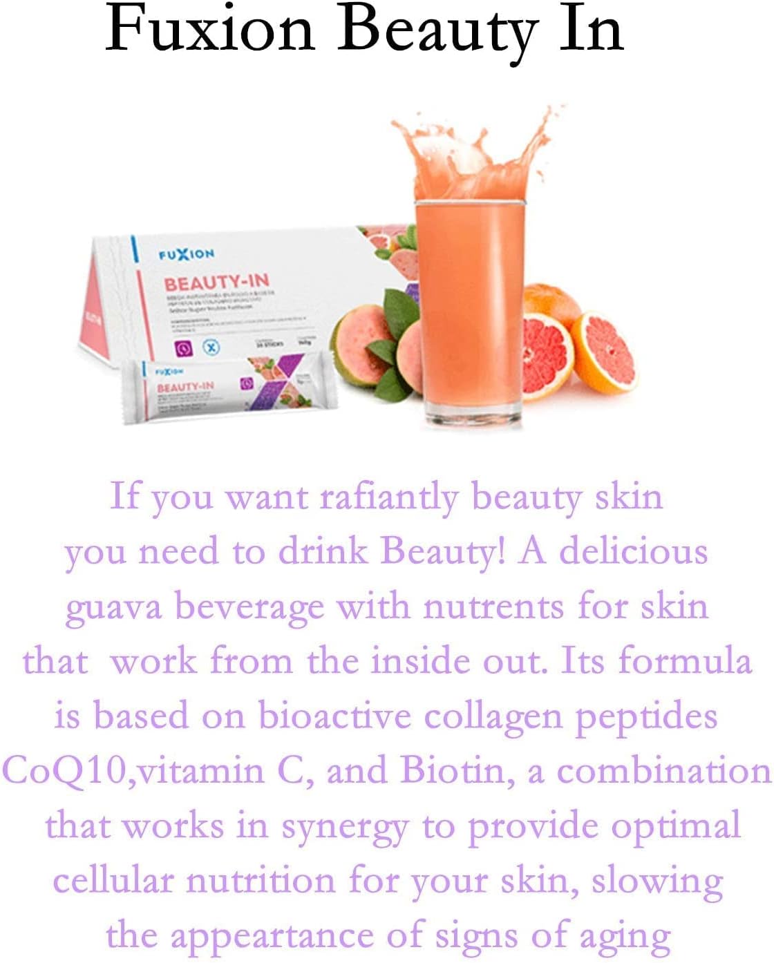 FuXion Beauty – Bebida antienvejecimiento deliciosa mezcla de bebida con sabor a guayaba con CoQ10, vitamina C y biotina, hace que se vea más