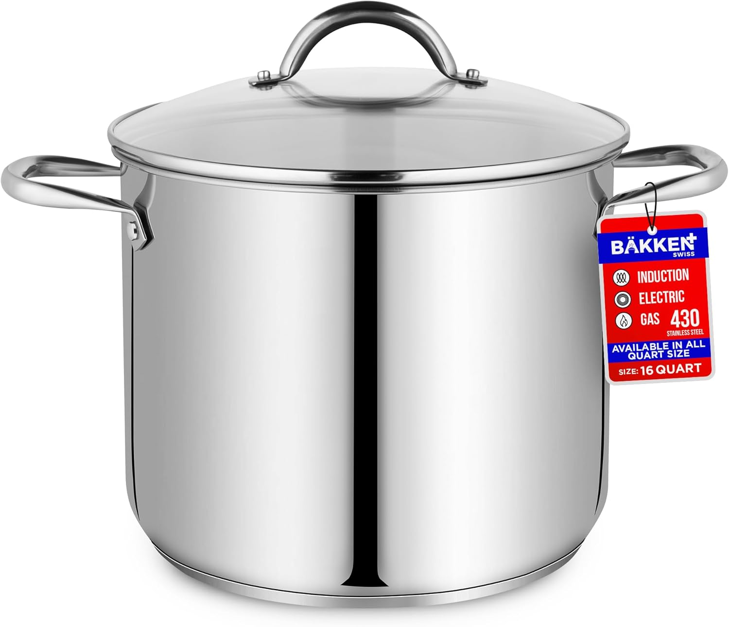 Bakken-Swiss Deluxe – Olla de acero inoxidable de 16 cuartos de galón con tapa transparente de vidrio templado, deliciosas sopas, guisos y cocción