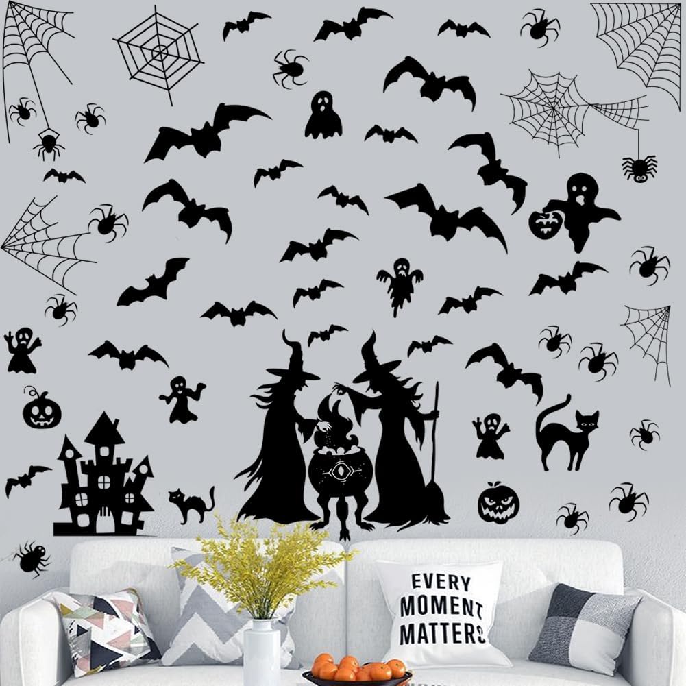 Calcomanías de pared de bruja de Halloween, calcomanía de pared de casa embrujada de Halloween, calcomanía de pared de murciélagos y luna,
