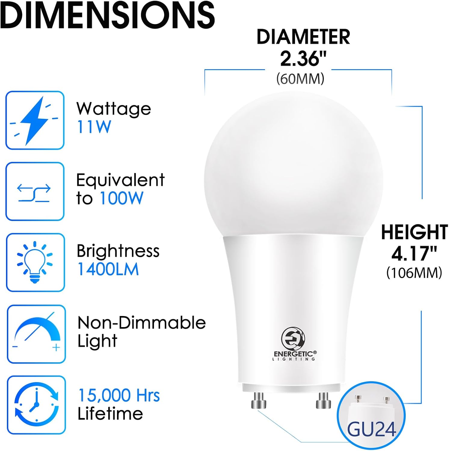 Energetic – Bombilla LED GU24, forma A19 equivalente a 100 vatios (11 W), luz diurna de 5000 K, 1400 lúmenes de alto rendimiento, no regulable,