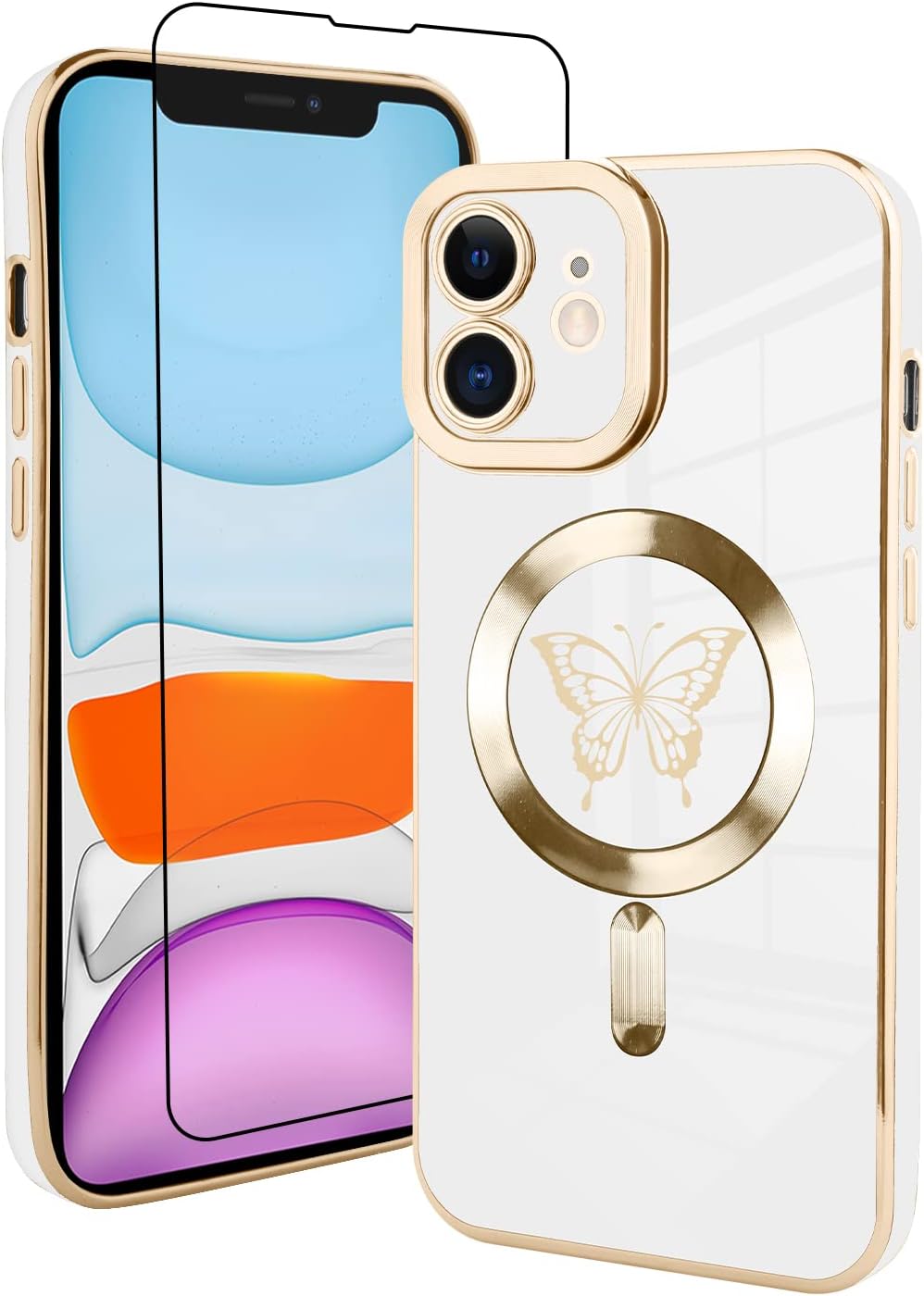 Fiyart Funda magnética diseñada para iPhone 11 compatible con carga inalámbrica MagSafe, bonita funda de teléfono con diseño de mariposa y protector