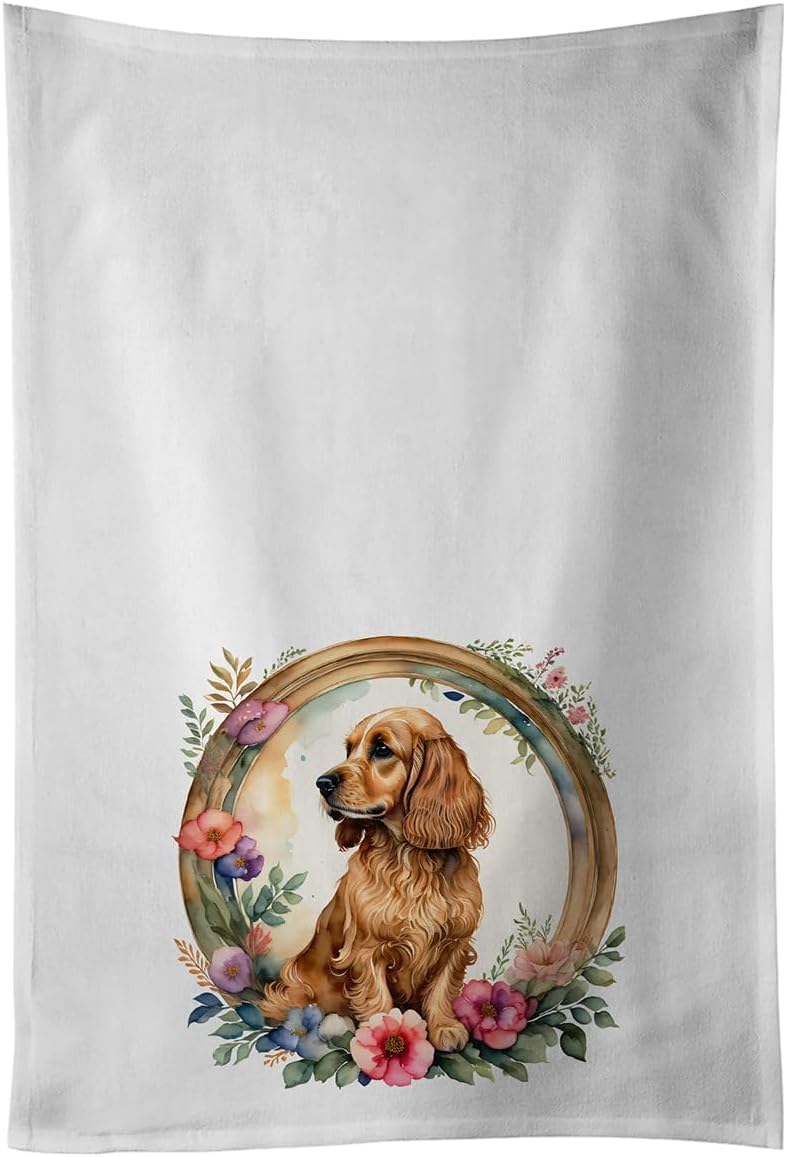 Caroline’s Treasures English Cocker Spaniel and Flowers Kitchen Towel Set of 2 White Dish Towels Decorative Bathroom Hand Towel for Hand, Face,