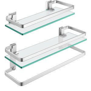 KES Estante de baño de vidrio, estantería de vidrio para pared, estante de baño con barra de esquina, estante rectangular montado en la pared a KES Estante de baño de vidrio, estantería de vidrio para pared, estante de baño con barra de esquina, estante rectangular montado en la pared a