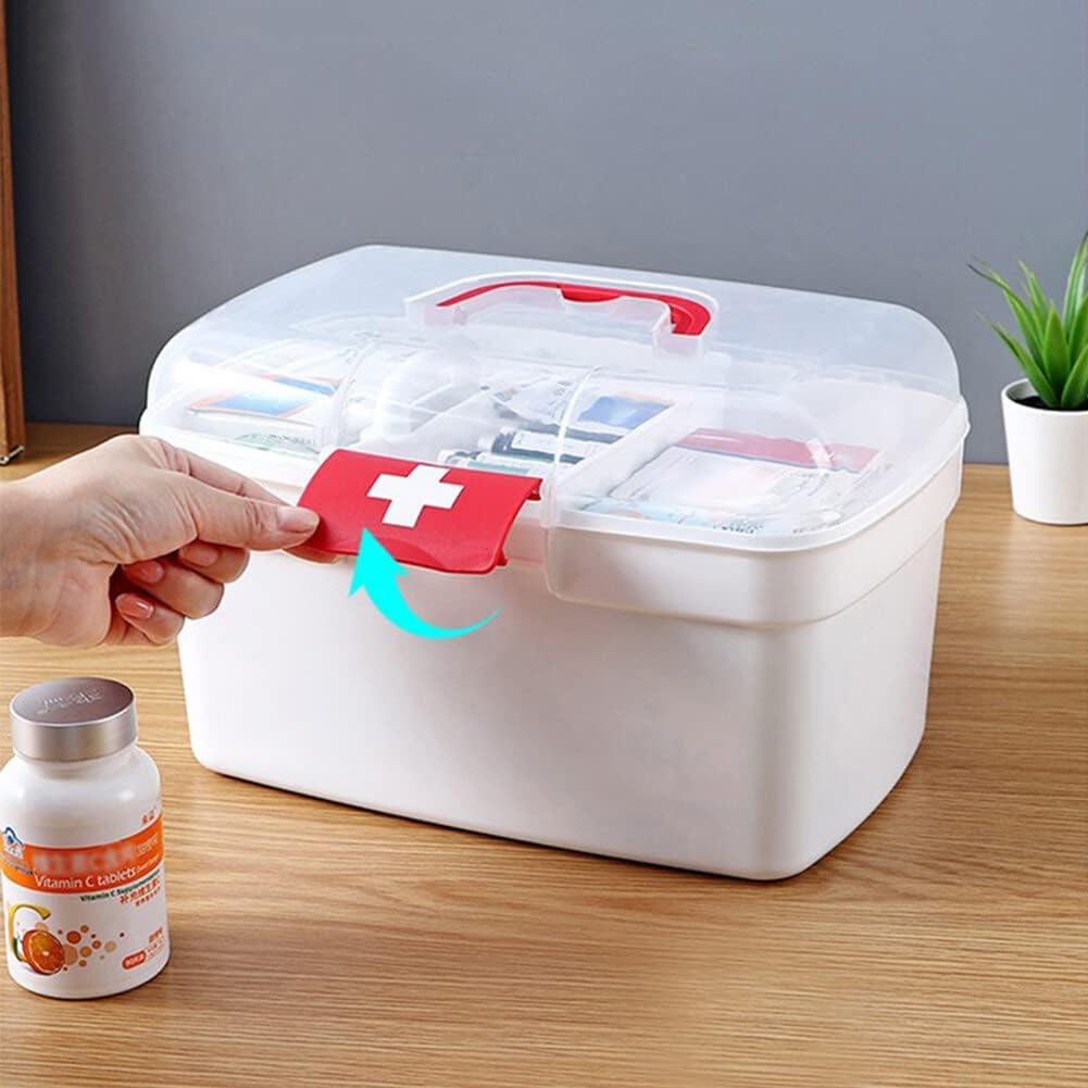 Caja médica, Caja vacía transparente de primeros auxilios con mango portátil, caja de almacenamiento de doble capa caja de píldoras de plástico