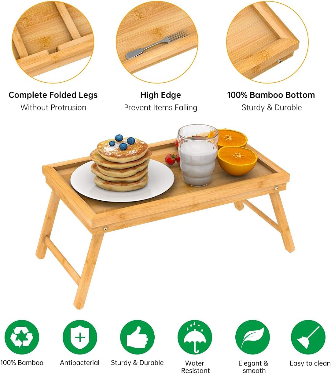 Zhuoyue Bandeja de cama de bambú con patas plegables, bandeja de desayuno, ideal para el desayuno en la cama o bandeja para comer