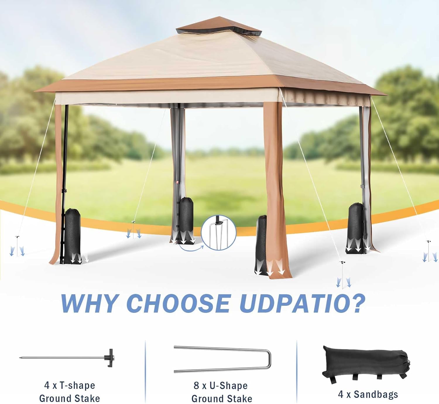 UDPATIO Gazebo desplegable de 11 x 11 pies, para patio al aire libre, impermeable, con mosquitera, para césped, jardín, patio trasero y cubierta,