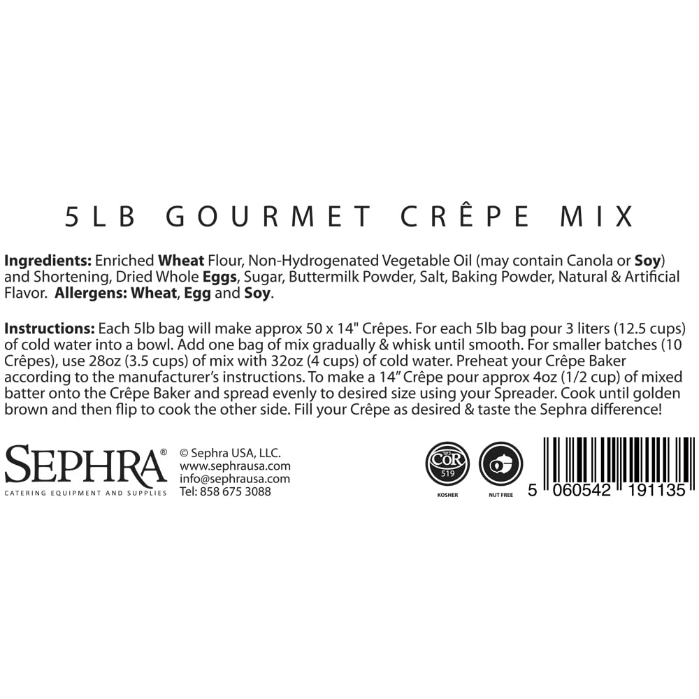 Sephra Mezcla de crepes gourmet, estuche de 30 libras. Solo tienes que añadir agua para servir deliciosas crepes para el desayuno, el almuerzo y la
