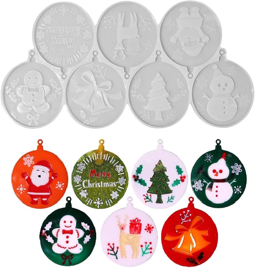 Zayookey Moldes de resina para colgantes de Navidad, adornos redondos, molde de silicona, llavero de joyería de Navidad, molde de fundición de