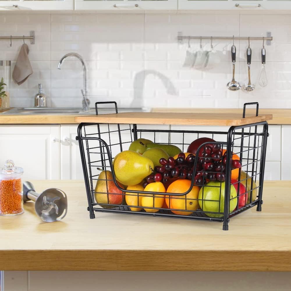 Cesta de frutas, organizador apilable para encimera, cesta de alambre con tapa superior de bambú, cesta de verduras para mostrador, soporte para pan