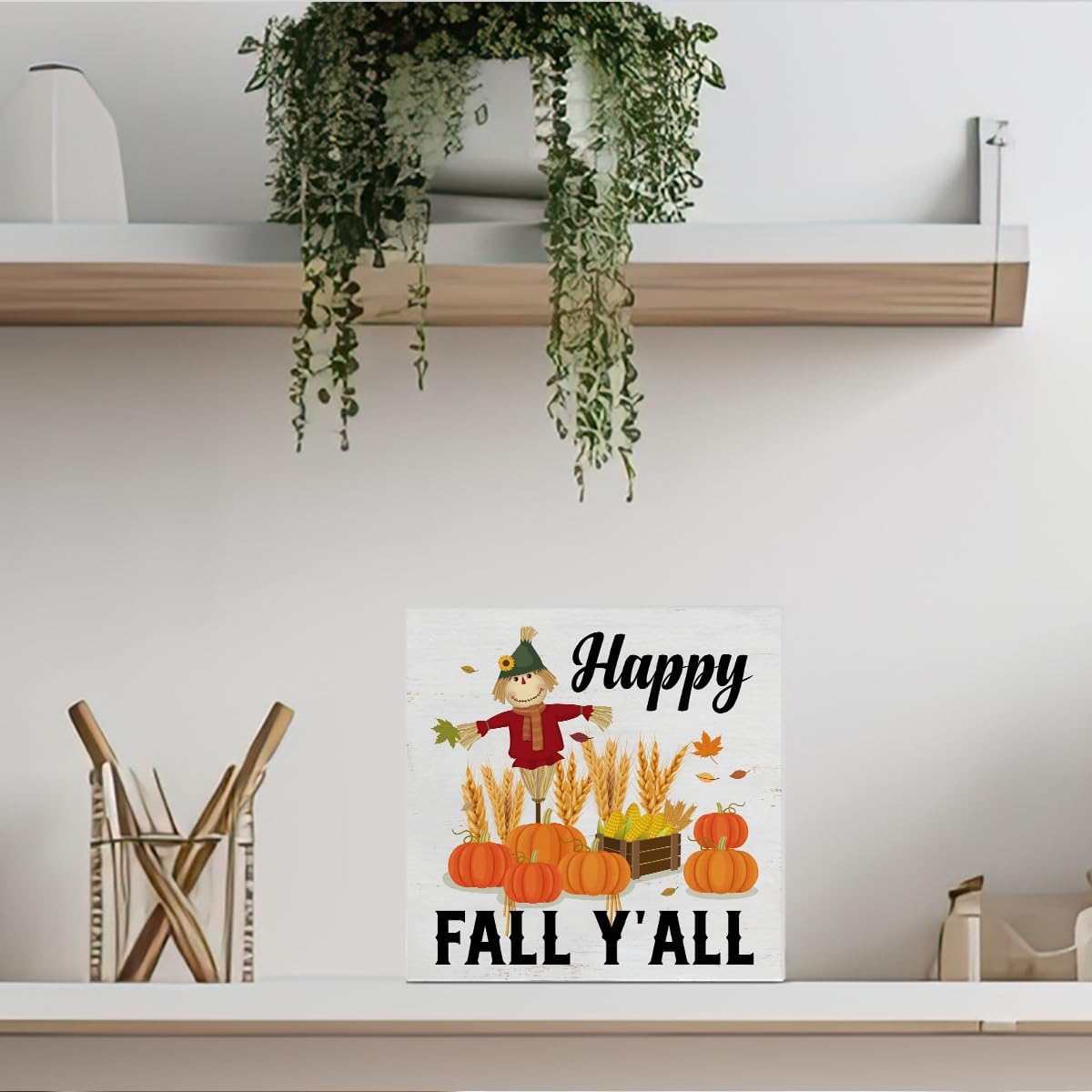 Cartel de madera de otoño para decoración del hogar, letrero cuadrado de madera de otoño, decoración de escritorio, calabazas de otoño, bloque de