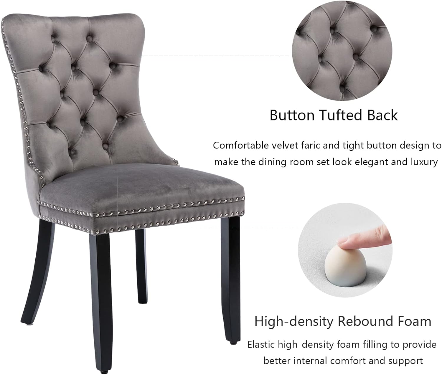 Juego de 4 sillas de comedor de terciopelo gris, sillas de comedor tapizadas con anillo trasero y patas de madera maciza, sillas de cocina con