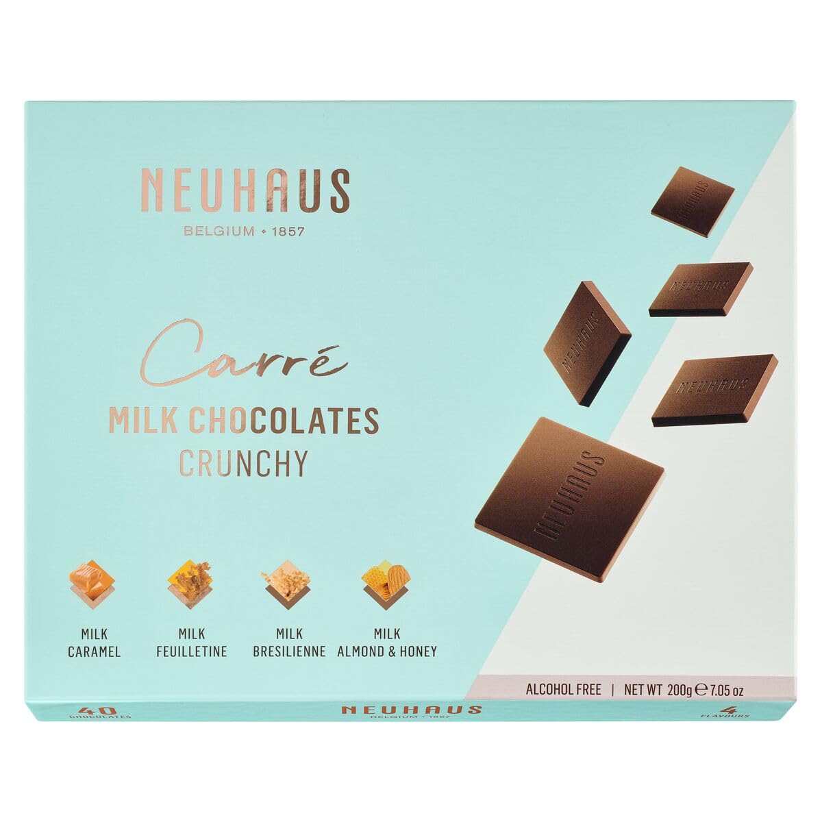 Neuhaus Caja de leche belga Carré de chocolate  40 chocolates con leche Neuhaus Carrés  4 variedades de leche crujiente  Envueltos individualmente