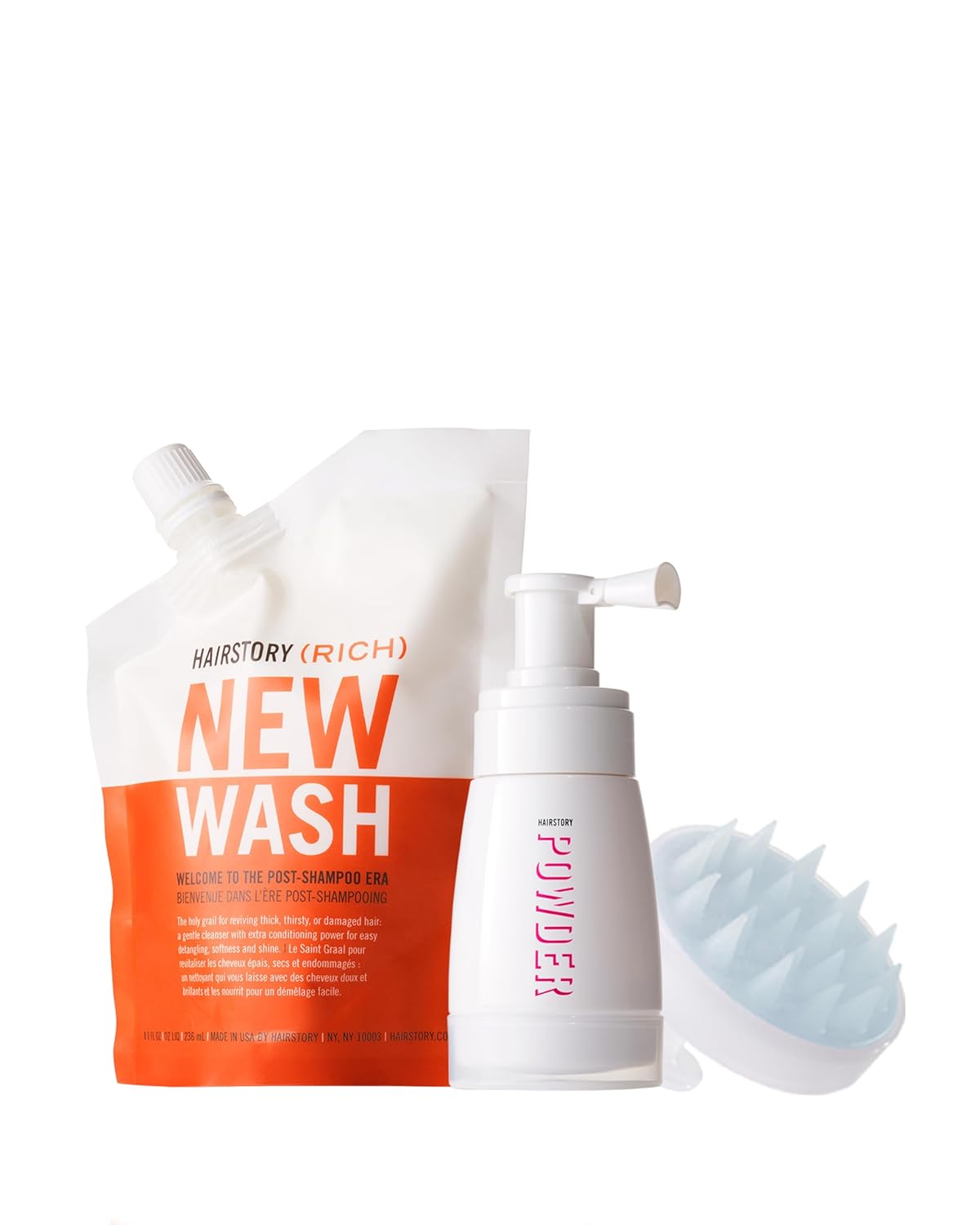 New Wash (RICH) Kit, champú seco en polvo de 1.35 onzas, bolsa de 8 onzas + cepillo para el cuero cabelludo, ingredientes orgánicos no tóxicos,