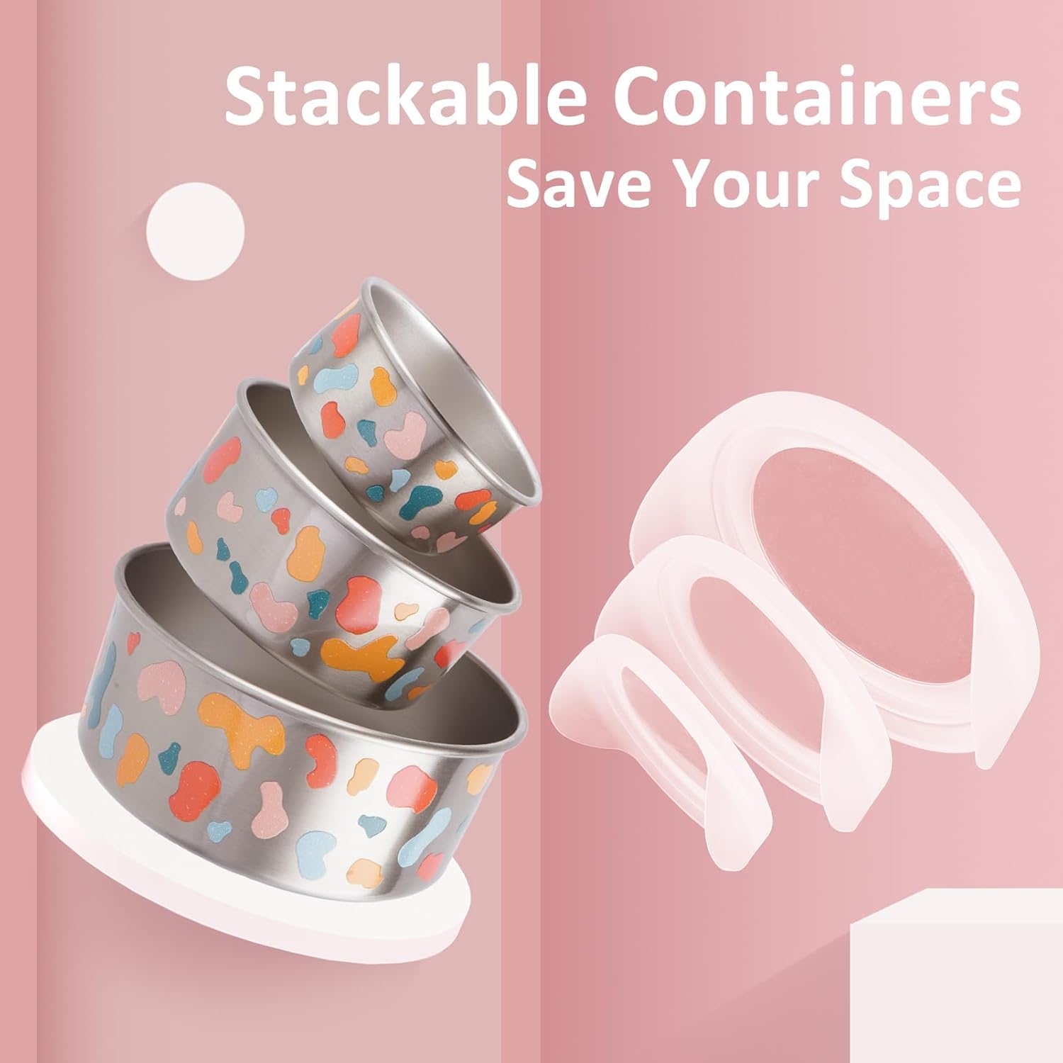 Paquete de 3 recipientes de acero inoxidable (18 oz10 oz5.5 onzas) para almacenamiento de aperitivos para adultos y niños con tapas de silicona,