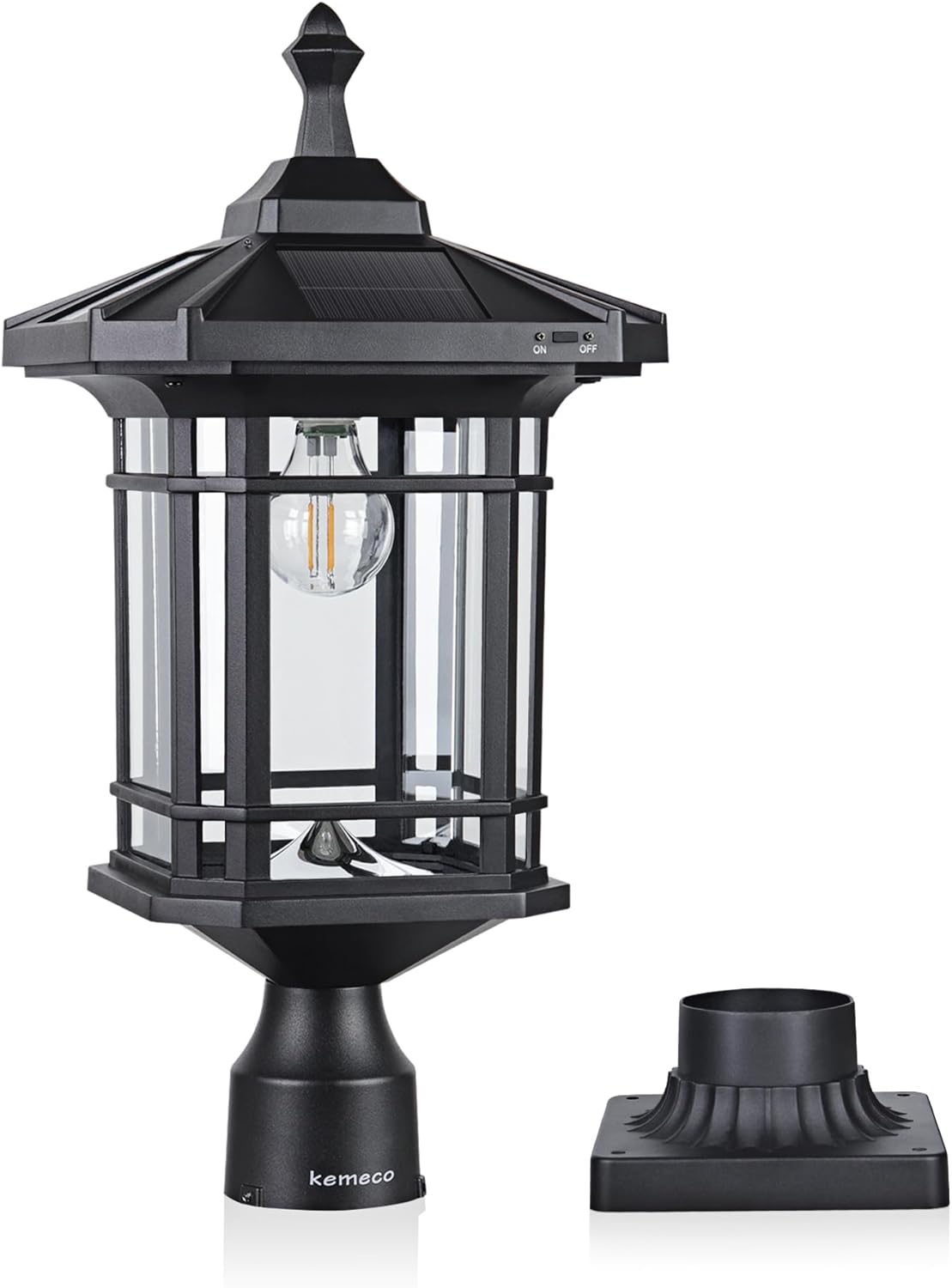 Kemeco Luz solar ST4338Q con base de montaje en pirata para exteriores, impermeable, de aluminio fundido negro, brillante, blanco cálido, lámpara