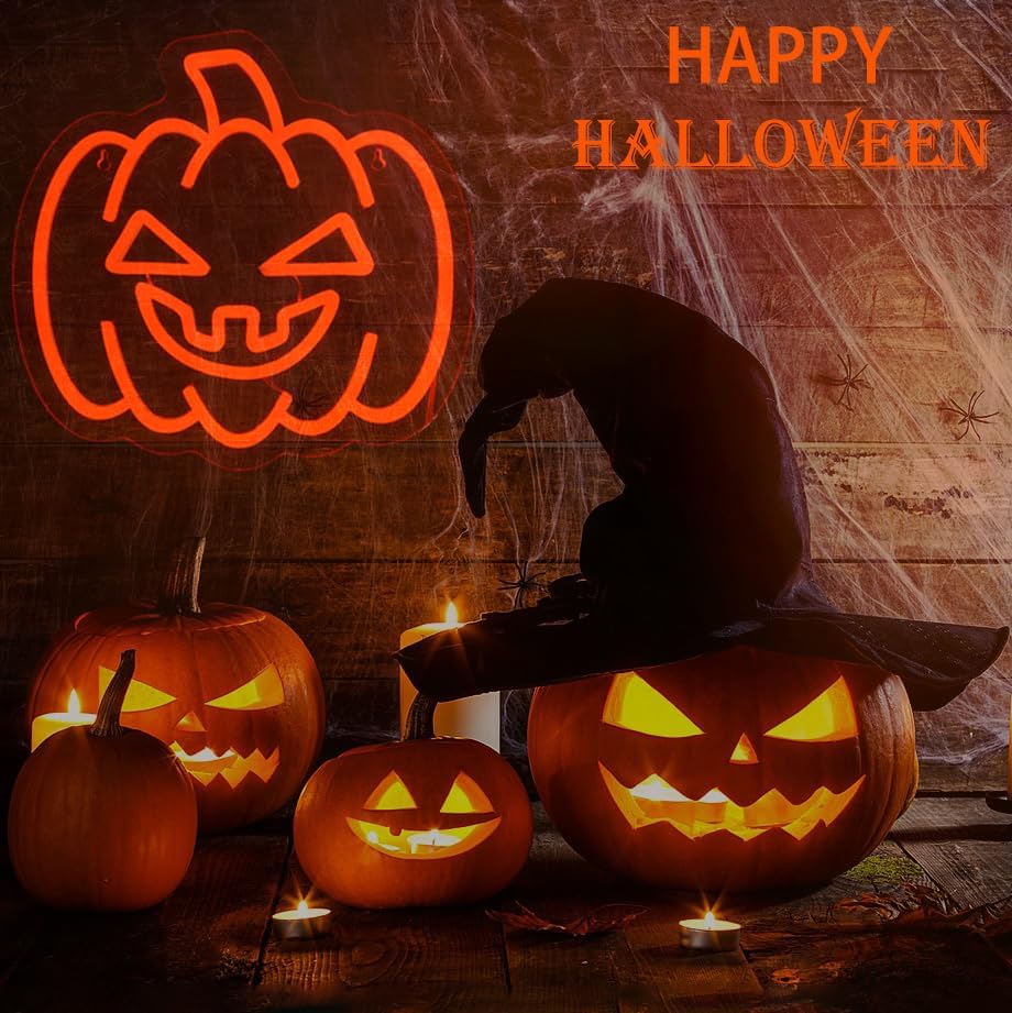 EMANNON Letrero de neón de Halloween, letrero de neón de calabaza para decoración de pared con interruptor regulable, letrero de calabaza naranja