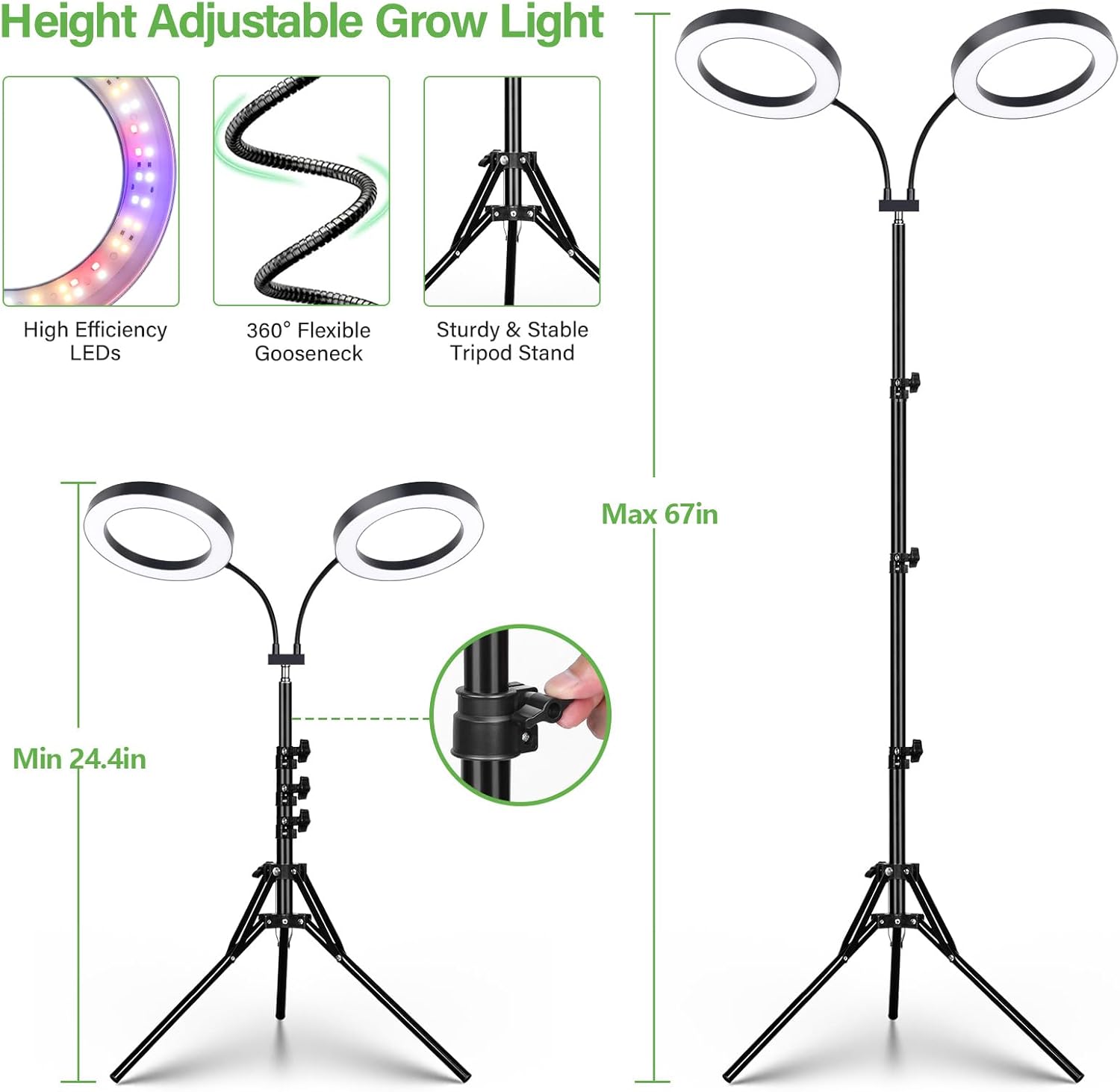 LORDEM Luz de cultivo para plantas de interior, luz de planta de doble cabezal para plantas de crecimiento, lámpara de crecimiento de espectro