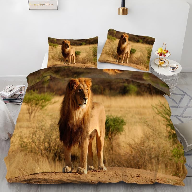 Juego de funda de edredón caqui con estampado de león, funda de edredón de microfibra suave y 2 fundas de almohada de 20 x 26 pulgadas, juego de