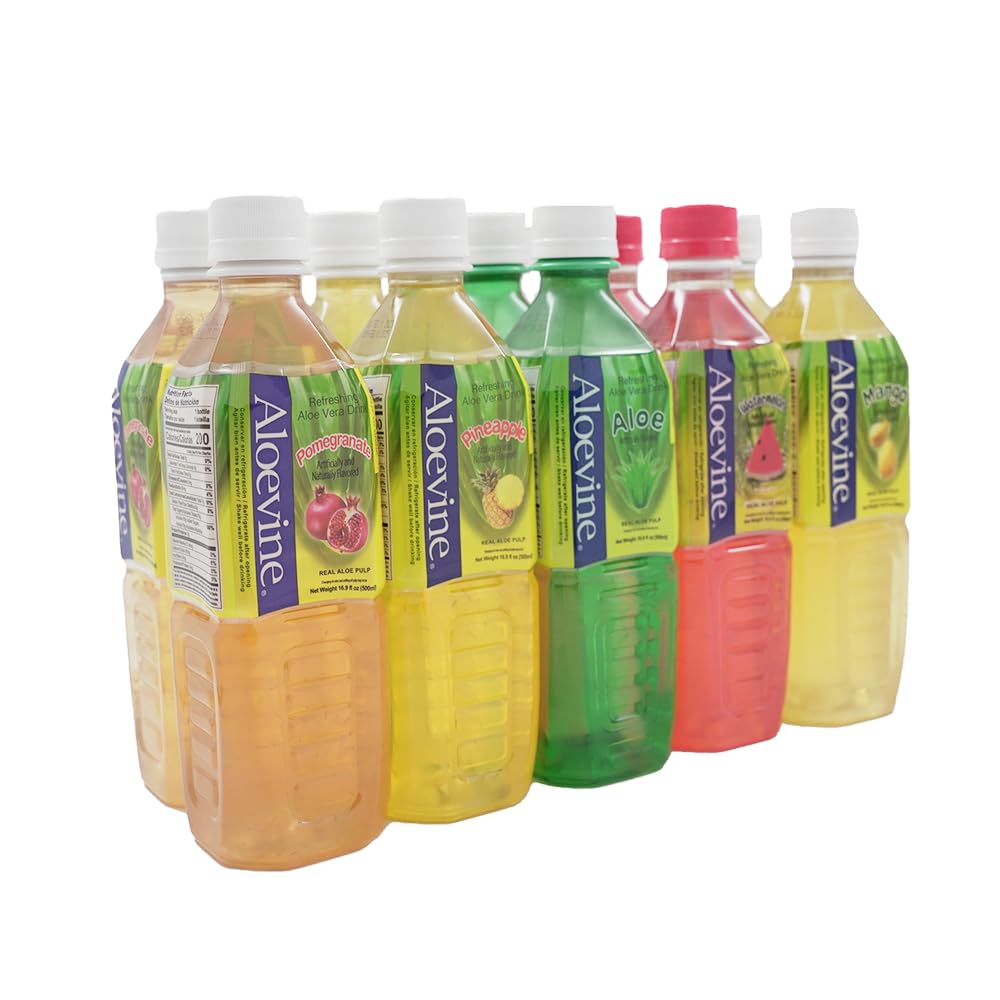 Aloevine Jugo de bebida de aloe vera l variedad  16.9 oz. paquete de 10 l 2 originales, 2 sandías, 2 mangos, 2 granadas, 2 piñas  bebidas vegetales