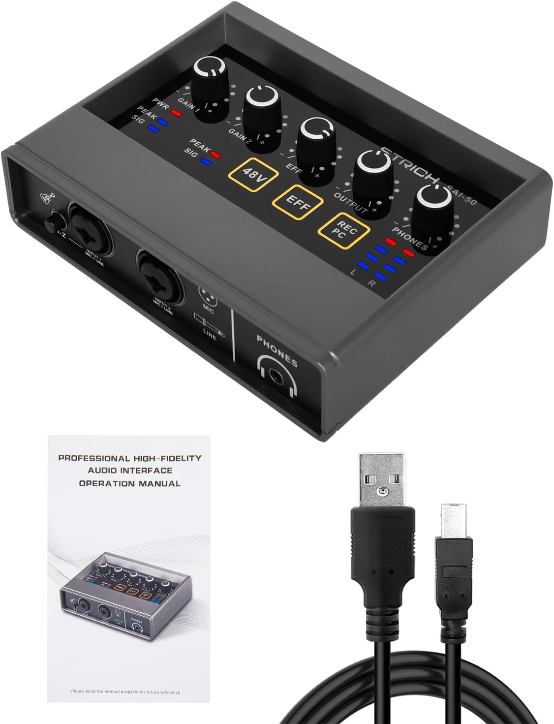 STRICH Interfaz de audio de grabación profesional 2×2 para computadora, modelo táctil, USB 2.0 para transmisión en vivo, podcasting, interfaz de