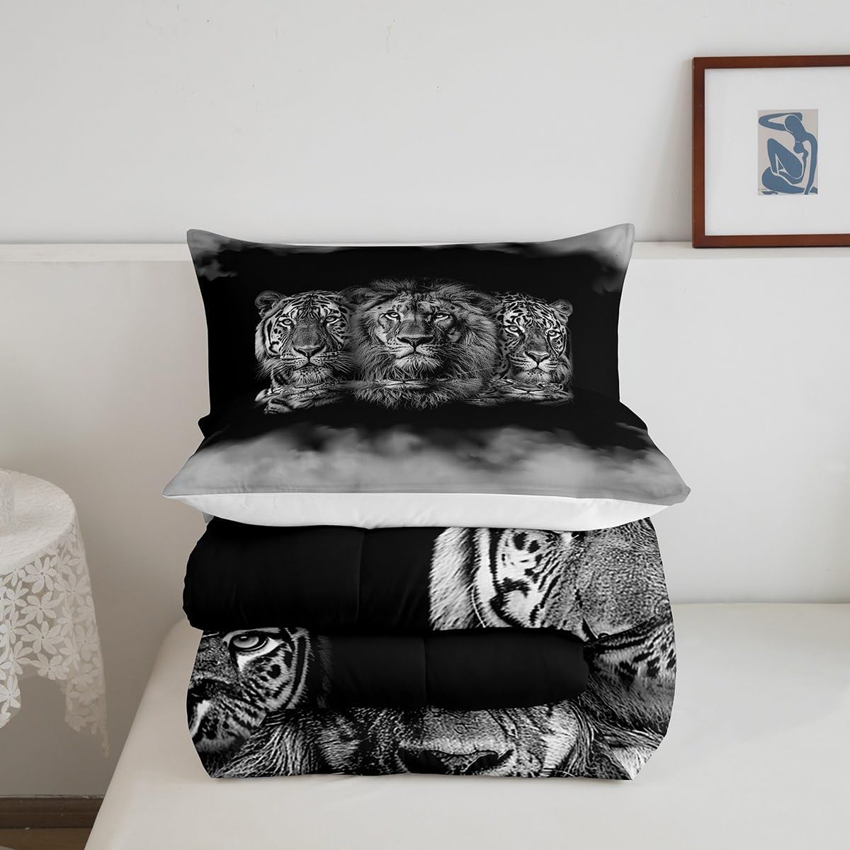 Juego de edredón de animales salvajes, tamaño Queen, juego de ropa de cama 3D de tigre, león, leopardo, 3 piezas para niños y hombres, decoración