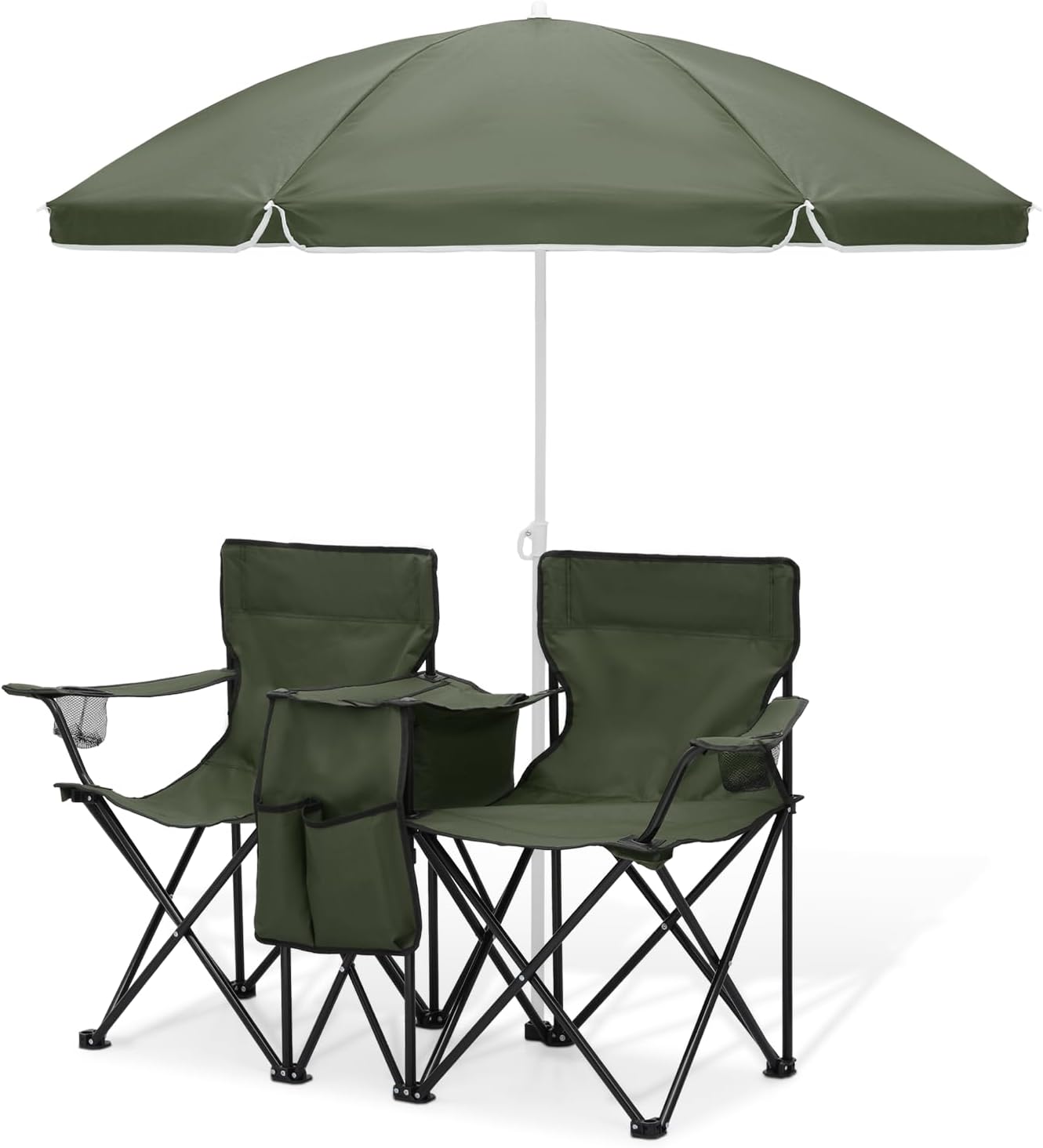 Magshion Silla de campamento doble con paraguas y enfriador para adultos, silla plegable de alta resistencia, color verde oscuro