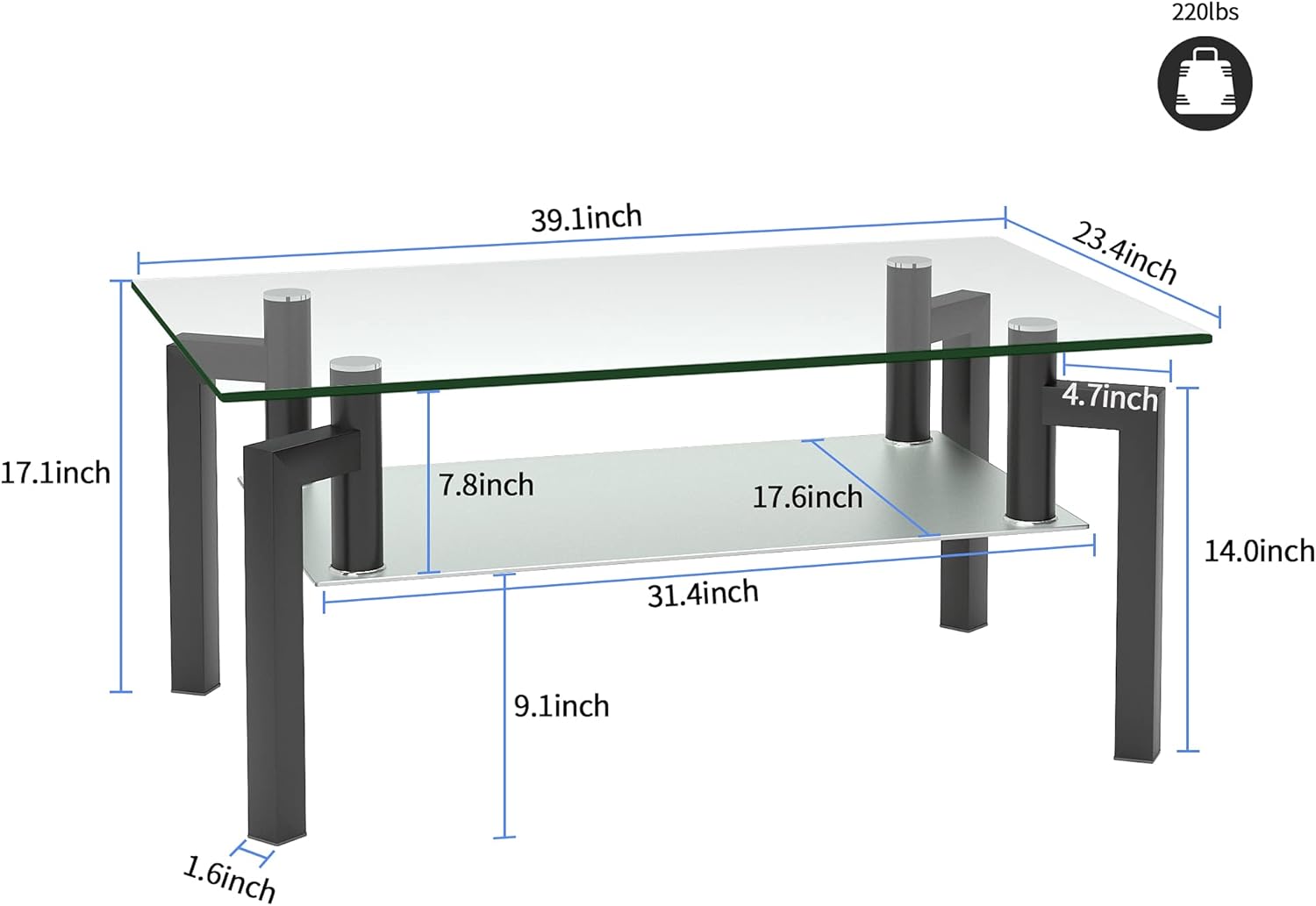 Homvdxl Mesas de centro transparentes para sala de estar, mesa de centro de 2 niveles con almacenamiento transparente y patas de metal, mesa central