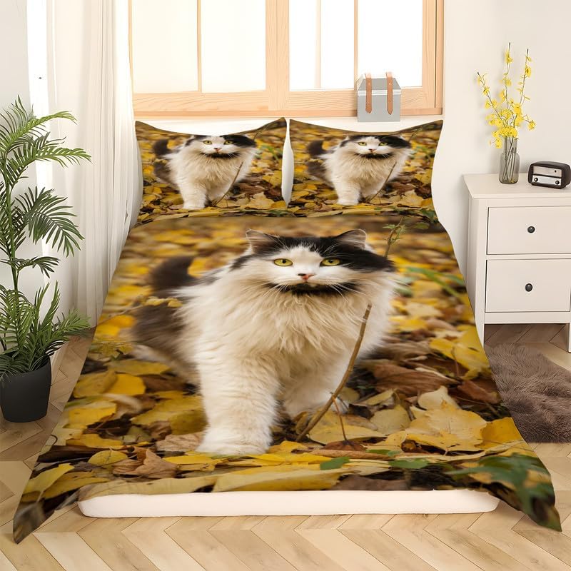Yellow Cat Twin Duvet Cover Animal Print Twin Bedding Sets Soft Microfiber Comforter Cover and 2 Pillow Shams 20″X26″, Bed Set Duvet Covers with