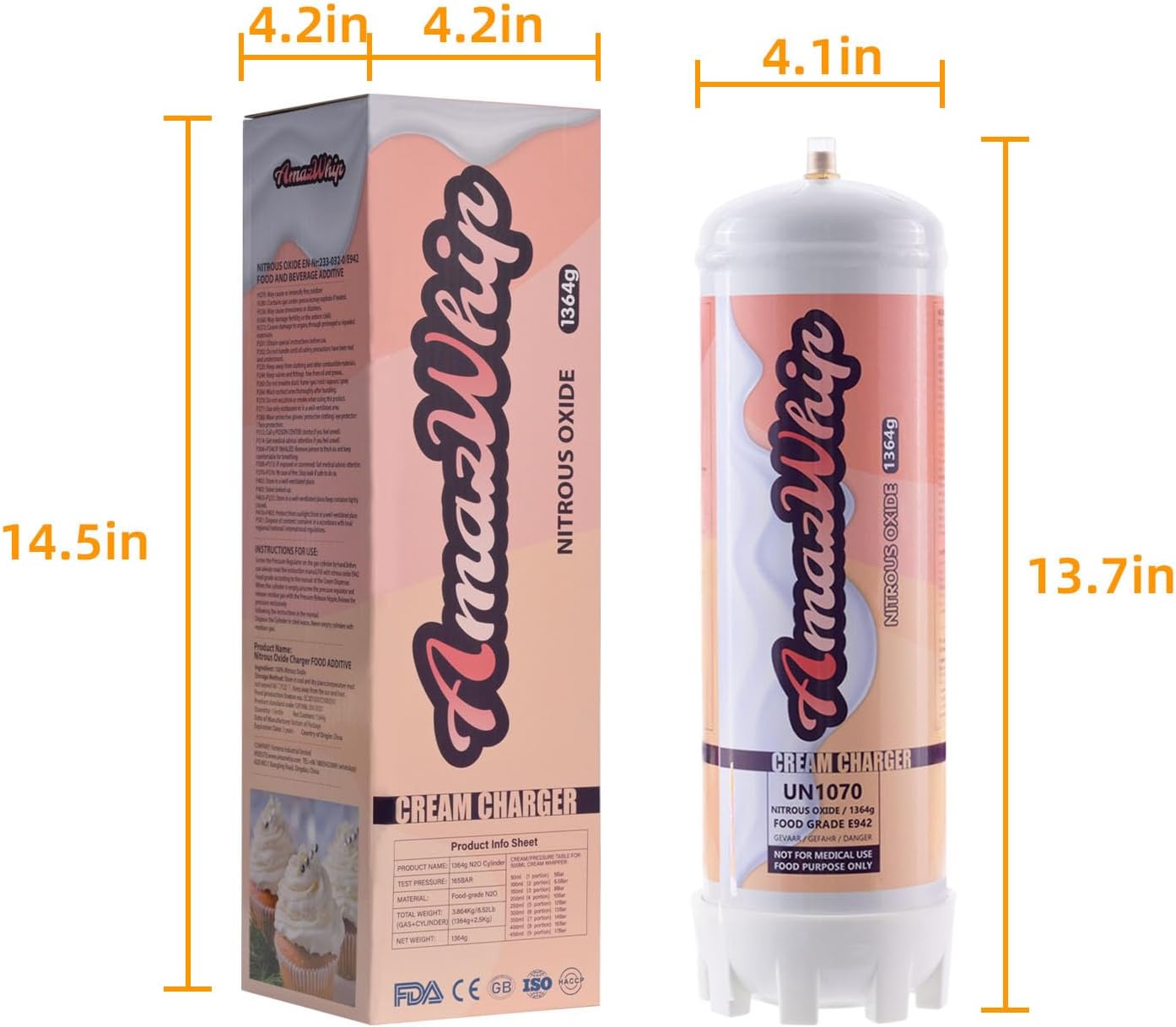 Cargador de crema batida, tanques de 2.2 litros,Cilindros de cargador de crema 1364G (2 cilindros)