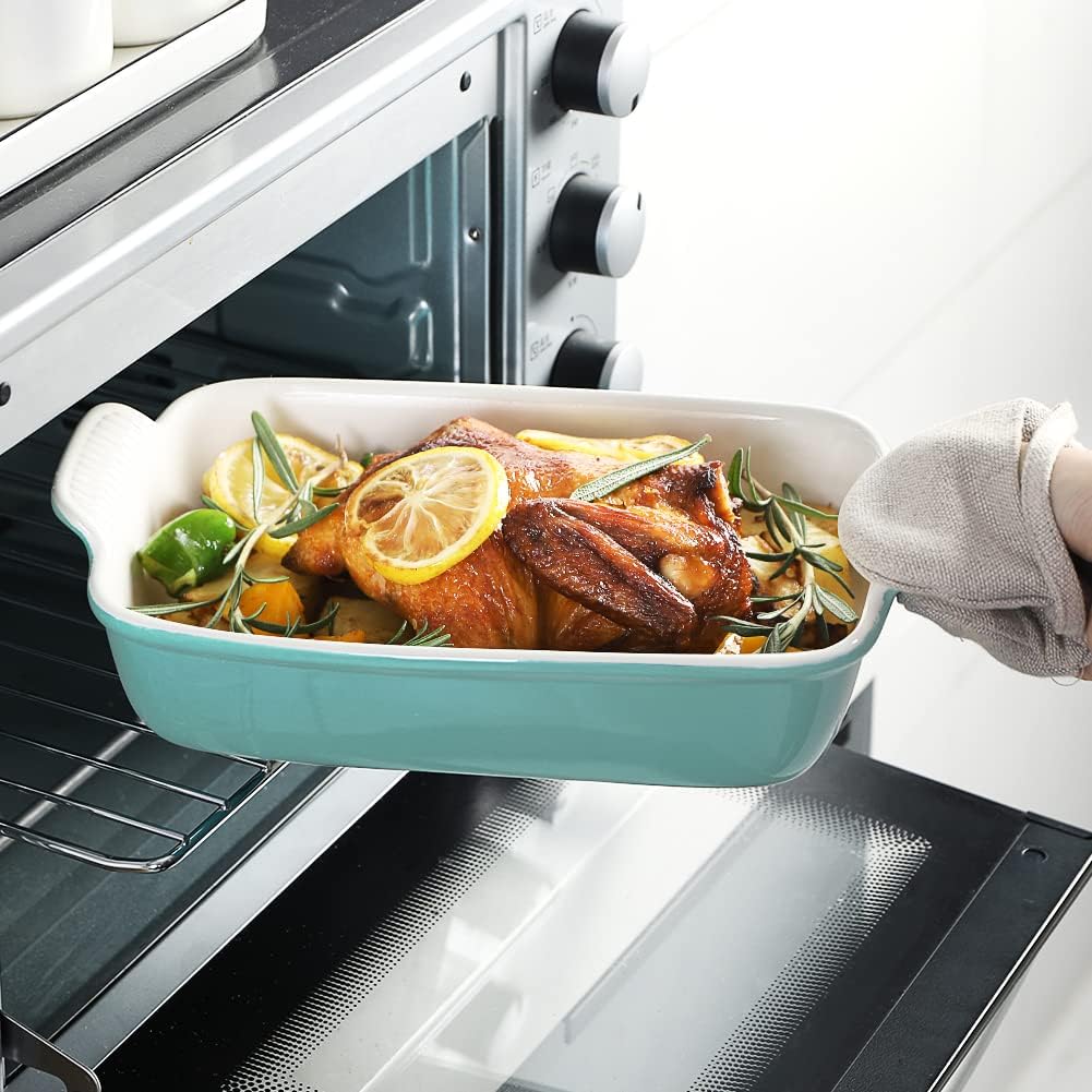 Sweejar Plato para hornear de porcelana, cacerola para horno, 13 x 9.8 pulgadas, rectangular para hornear, bandeja para lasaña profunda con asas