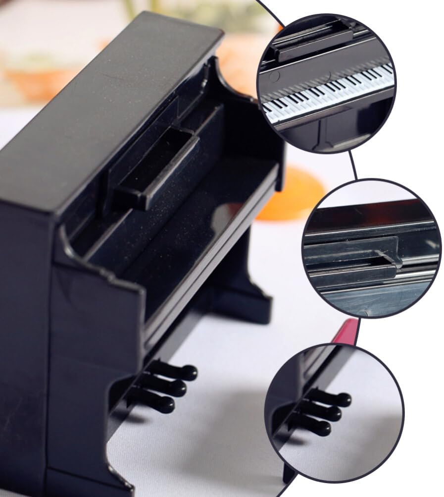 Piano de casa de muñecas, mini juguete de piano vertical, de simulación en miniatura, piano vertical de plástico con taburete y partitura musical,