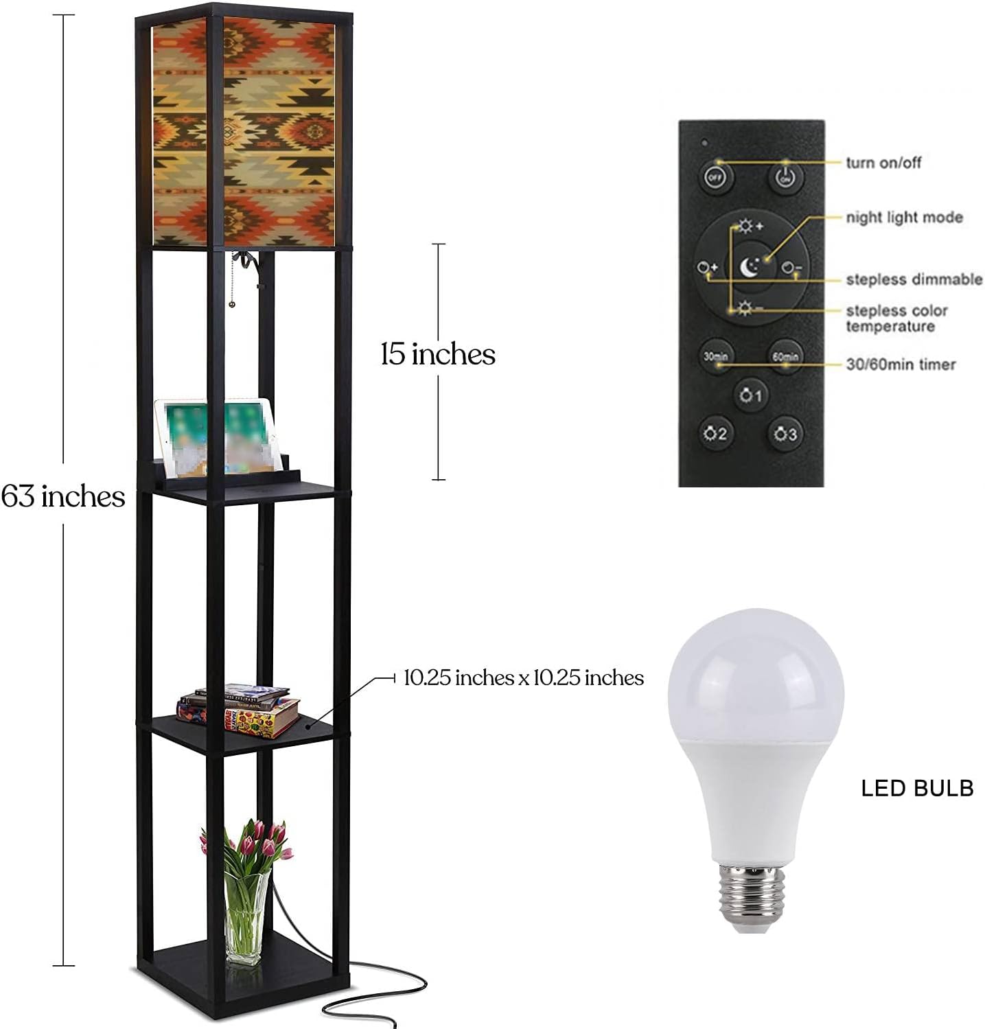 Navajo – Lámpara de pie étnica geométrica sin costuras con estampado nativo americano del suroeste con estantes, puertos USB y toma de corriente,