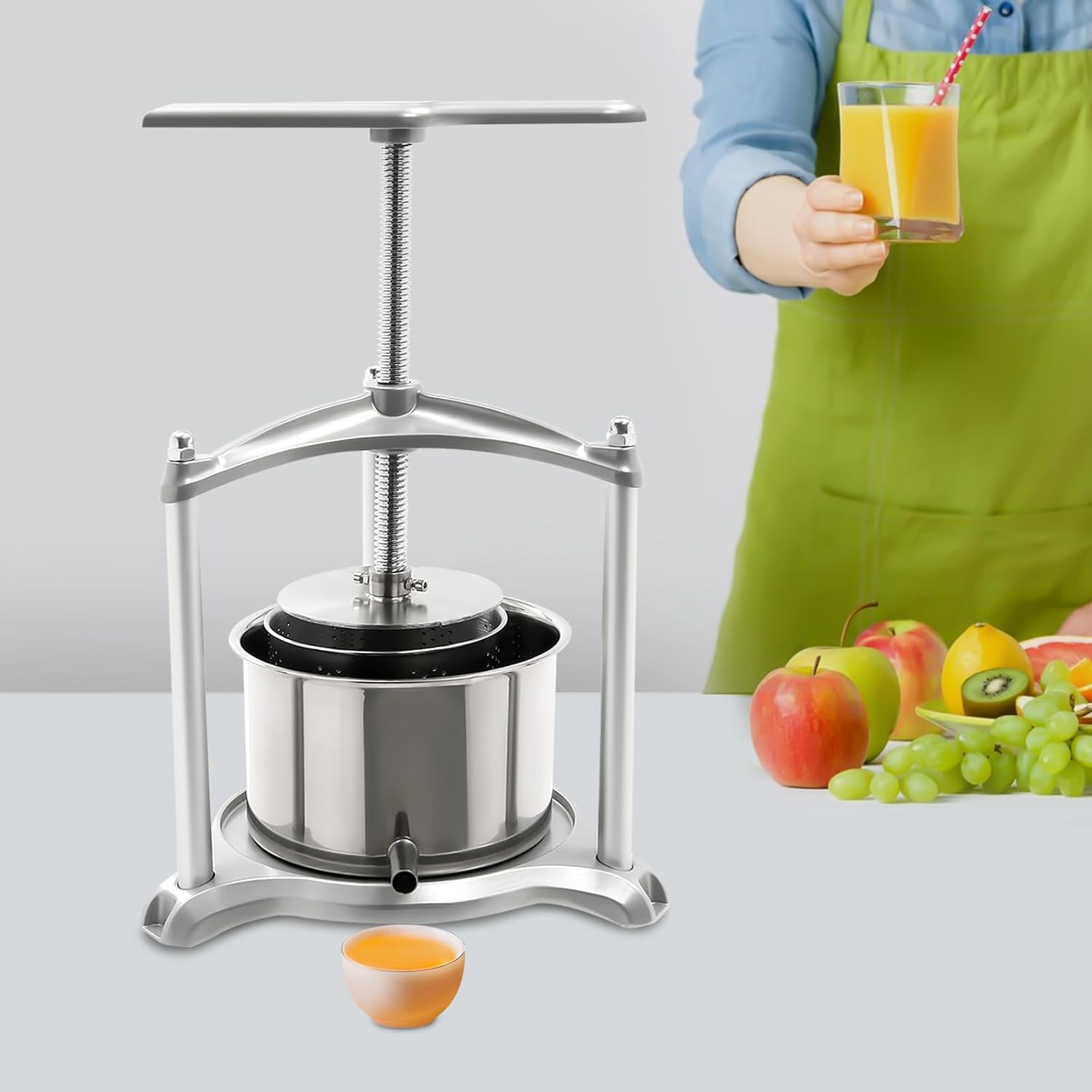 Prensa de vino de frutas, prensa de sidra de acero inoxidable con mango en T para sidra, vino de uva o jugo suministros y equipo (3L)