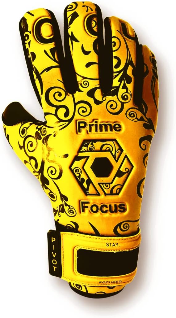 Prime Focus Goalkeeping Pivot Gold – Guantes de portero para jóvenes y fútbol para adultos (tallas 6-10), guantes de portero de calidad profesional,