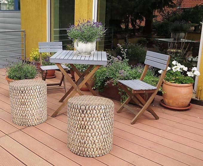 Delsit Woody – Puf otomano para exteriores, estampado de ratán, asiento redondo impermeable y ligero, hecho en Europa, reposapiés, decoración y