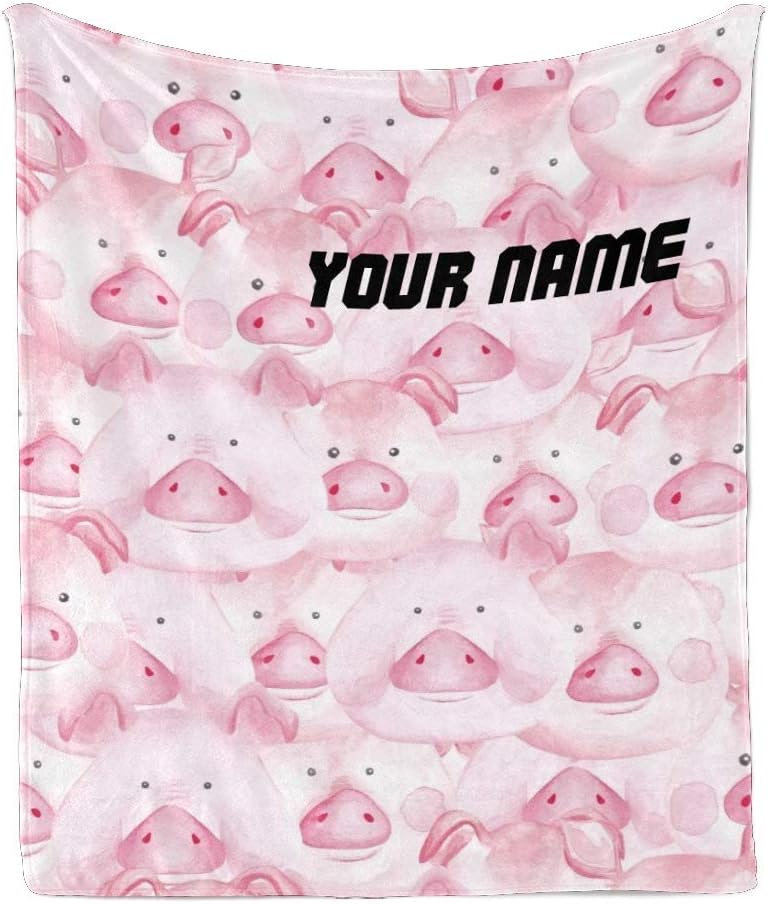 CUXWEOT Manta personalizada con texto de nombre, manta de forro polar súper suave personalizada con patrón de cerdo rosa para sofá, cama (50 x 60