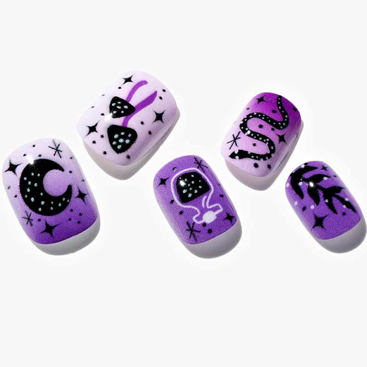 GLAMERMAID – Uñas postizas extra cortas a presión, uñas de gel con pegamento de serpiente y hongos góticos, 24 unidades, redondas, reutilizables,